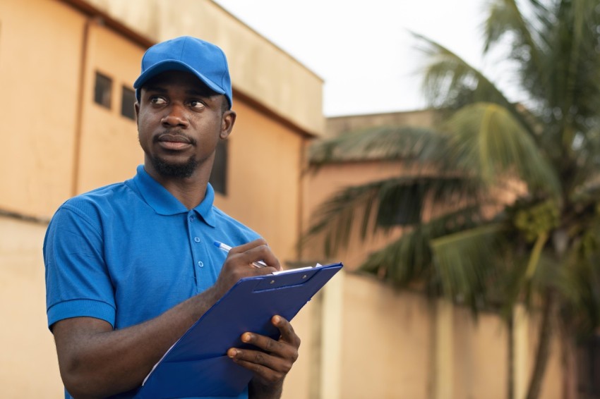 Close up delivery person with parcel