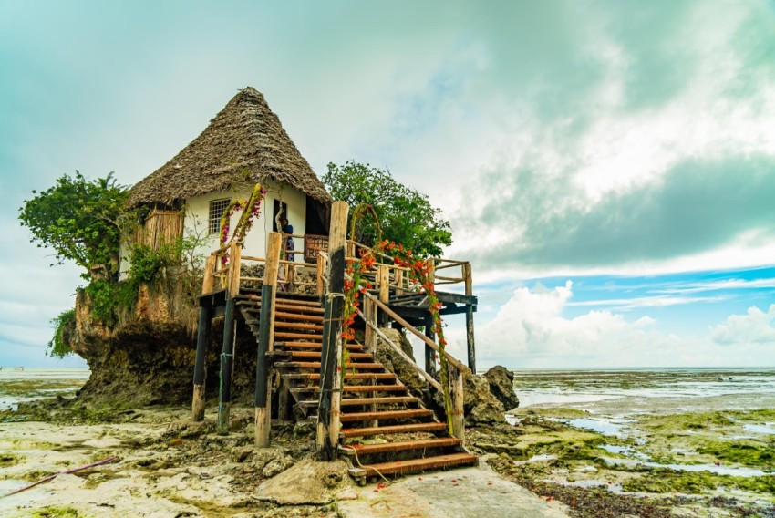 Rocks restaurant beach during low tide pingwe zanzibar tanzania